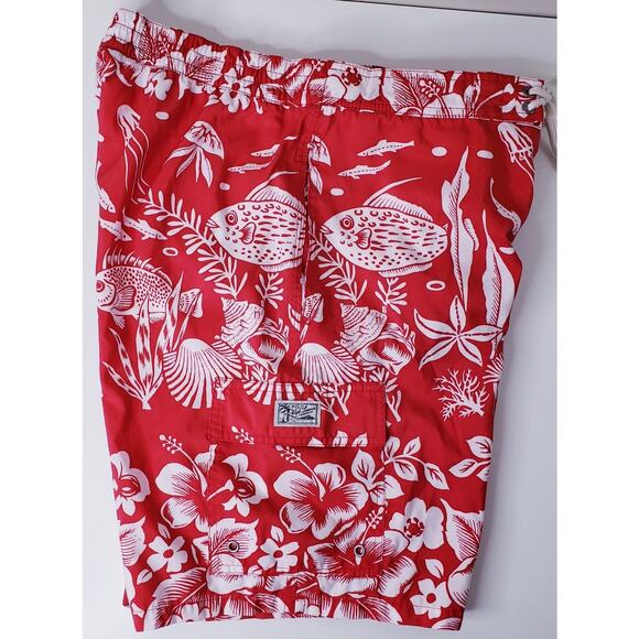 POLO Ralph Lauren Men's Large Hawaiian Board Shorts/Swim Trunks Red White VGUC - Picture 5 of 13